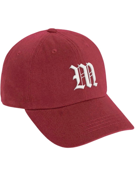 Low Profile Adjustable Baseball Dad Hat Cap Old English Font, Red Hat White M