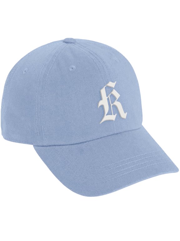 Low Profile Adjustable Baseball Dad Hat Old English Font, Sky Blue Hat White K