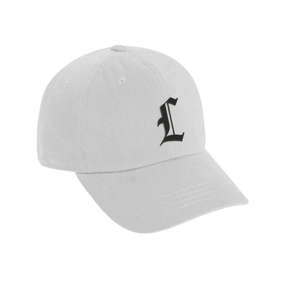 Daxton Low Profile Adjustable Baseball Dad Hat Cap Old English Font Alphabet A to Z, White Hat Black L