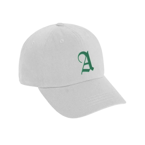 Daxton Low Profile Adjustable Baseball Dad Hat Cap Old English Font Alphabet A to Z, White Hat Green A