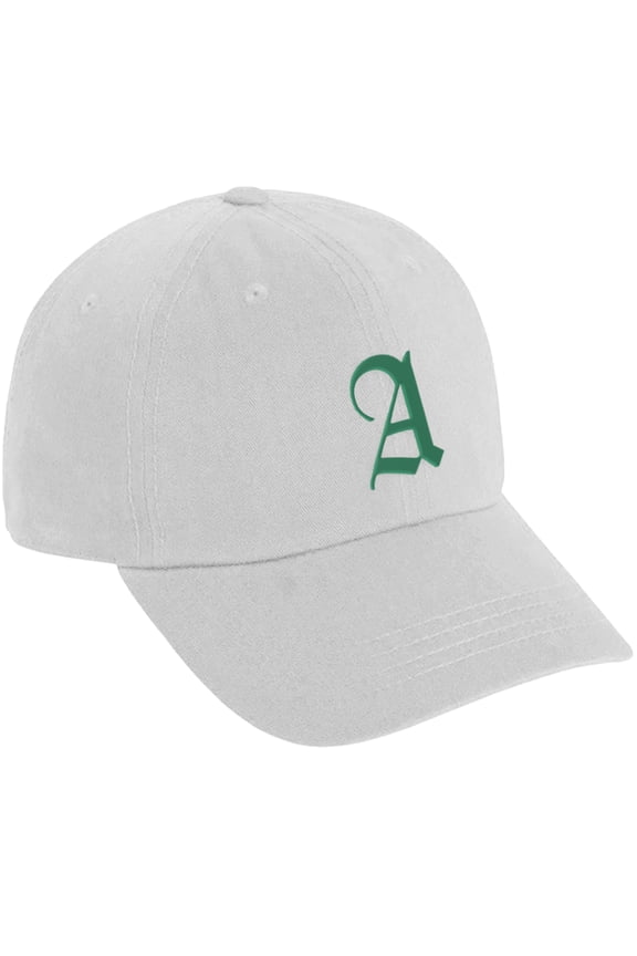 Low Profile Adjustable Baseball Dad Hat Cap Old English Font Alphabet A to Z, White Hat Green A