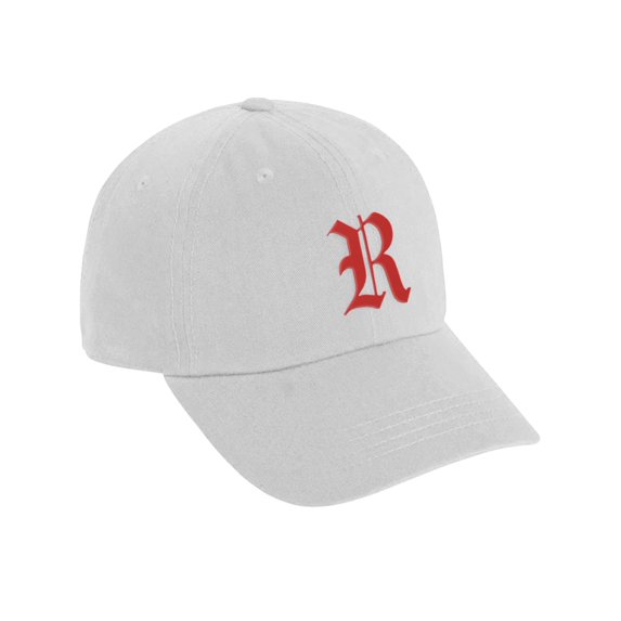 Daxton Low Profile Adjustable Baseball Dad Hat Cap Old English Font, White Hat Red R