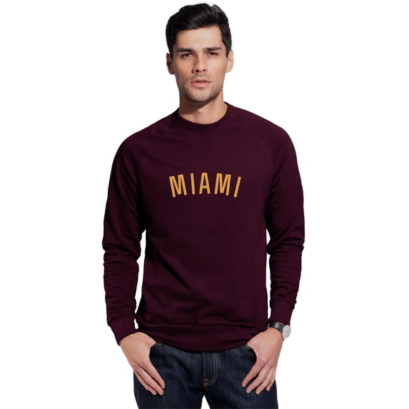 Daxton Miami Sweatshirt Athletic Fit Pullover Crewneck French Terry Fabric, Wine Sweatshirt Gold Letters, XS