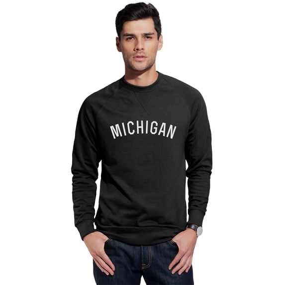 Daxton Michigan Sweatshirt Athletic Fit Pullover Crewneck French Terry Fabric, Black Sweatshirt White Letters, M
