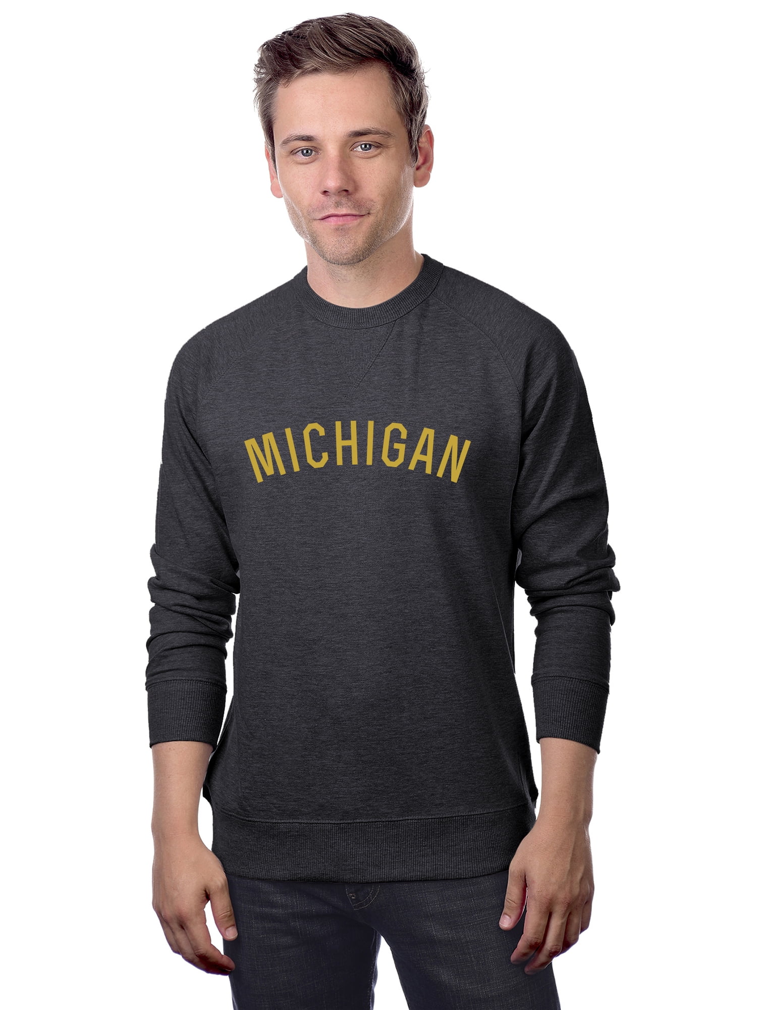 Daxton Michigan Sweatshirt Athletic Fit Pullover Crewneck French Terry Fabric HCharcoal Sweatshirt Gold Letters 2XL