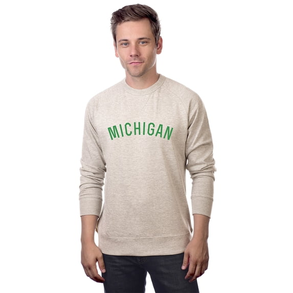 Daxton Michigan Sweatshirt Athletic Fit Pullover Crewneck French Terry Fabric, Oat Sweatshirt Green Letters, L