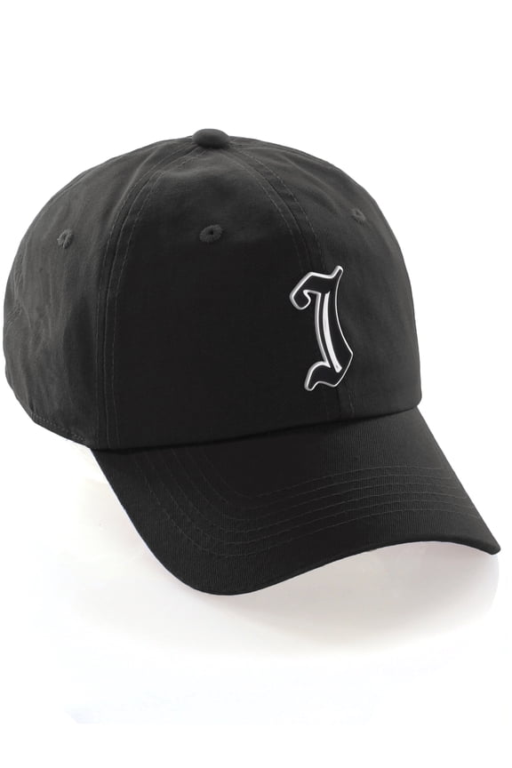Old English 3D Alphabet Letters Numbers Initial Baseball Dad Hat - Black, Letter J