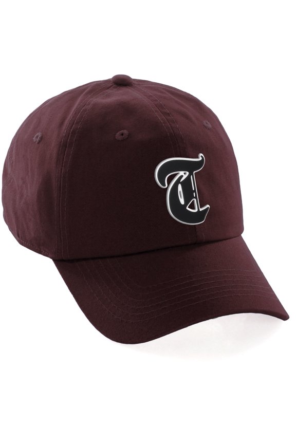 Old English 3D Alphabet Letters Numbers Initial Baseball Dad Hat - Burgundy, Letter T