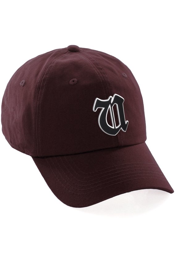 Old English 3D Alphabet Letters Numbers Initial Baseball Dad Hat - Burgundy, Letter U