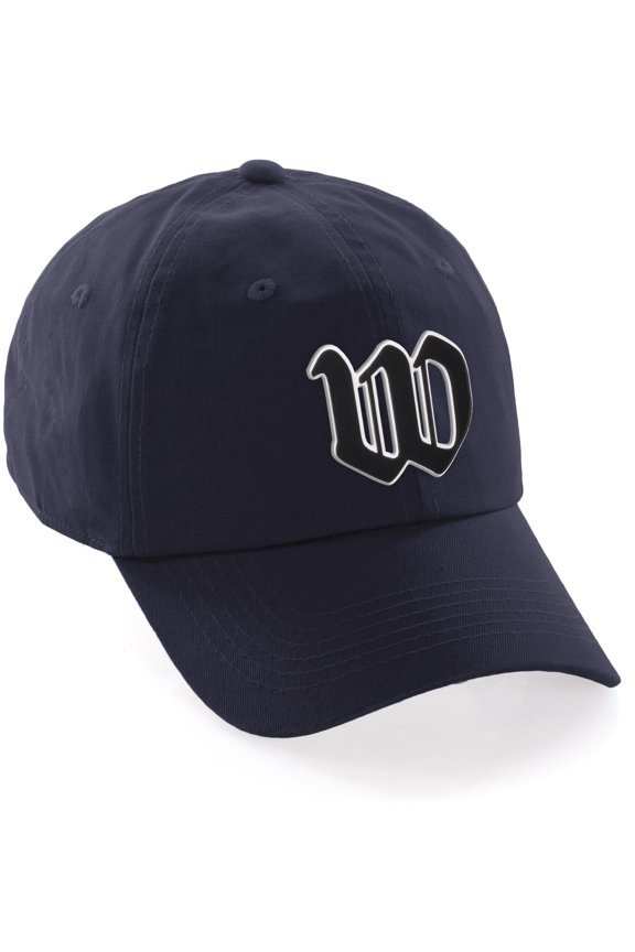 Old English 3D Alphabet Letters Numbers Initial Baseball Dad Hat - Navy, Letter W