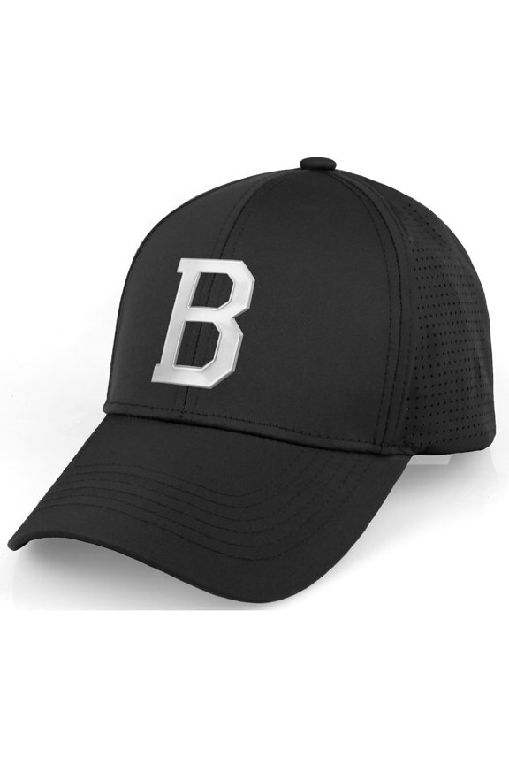 Performance Cool Tech Baseball Hat - Black Cap, Silver Logo Letter B