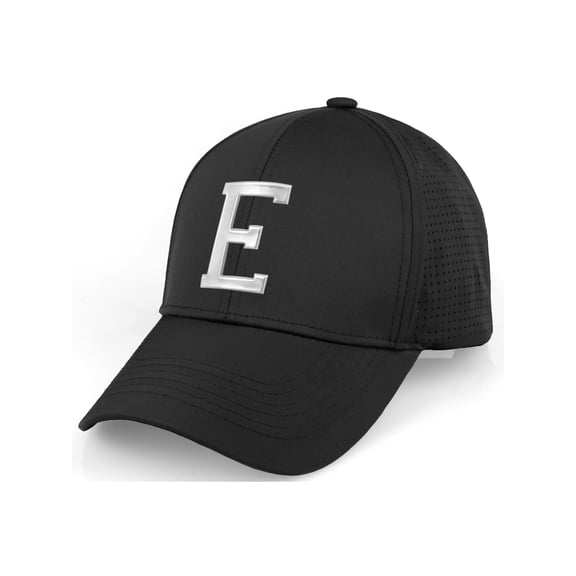 Daxton Performance Cool Tech Baseball Hat - Black Cap, Silver Logo Letter E