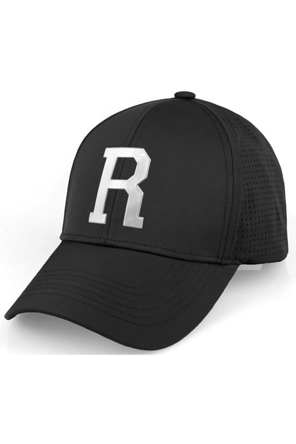 Performance Cool Tech Baseball Hat - Black Cap, Silver Logo Letter R