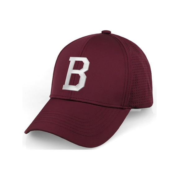 Daxton Performance Cool Tech Baseball Hat - Burgundy Cap, Silver Logo Letter B