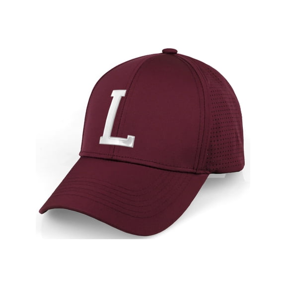 Daxton Performance Cool Tech Baseball Hat - Burgundy Cap, Silver Logo Letter L