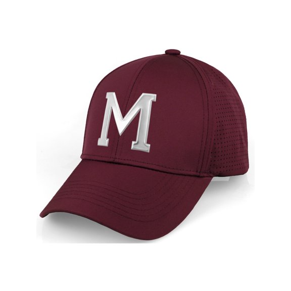 Daxton Performance Cool Tech Baseball Hat - Burgundy Cap, Silver Logo Letter M