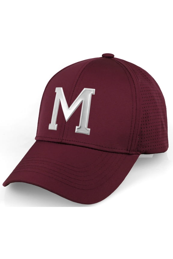 Performance Cool Tech Baseball Hat - Burgundy Cap, Silver Logo Letter M