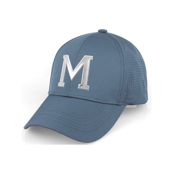 Daxton Performance Cool Tech Baseball Hat - DustyBlue Cap, Silver Logo Letter M