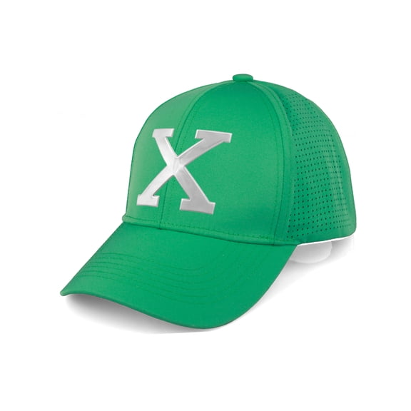 Daxton Performance Cool Tech Baseball Hat - Green Cap, Silver Logo Letter X