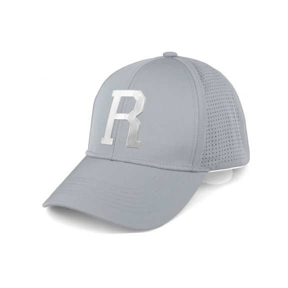 Daxton Performance Cool Tech Baseball Hat - Light Gray Cap, Silver Logo Letter R