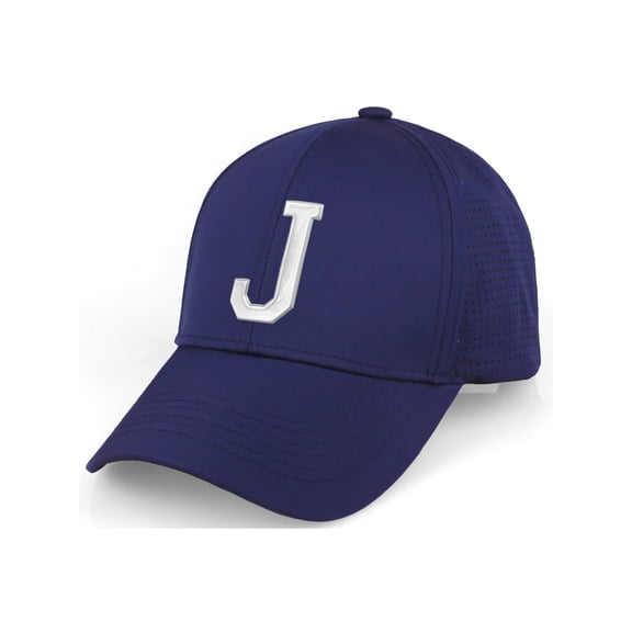 Daxton Performance Cool Tech Baseball Hat - Navy Cap, Silver Logo Letter J