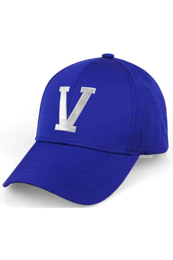 Performance Cool Tech Baseball Hat - Royal Cap, Silver Logo Letter V