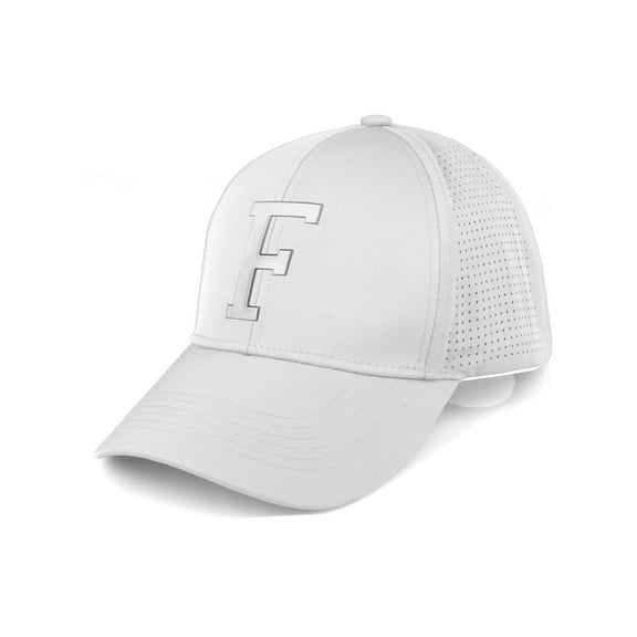 Daxton Performance Cool Tech Baseball Hat - White Cap, Silver Logo Letter F