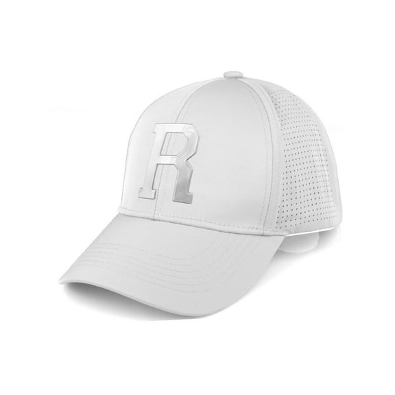 Daxton Performance Cool Tech Baseball Hat - White Cap, Silver Logo Letter R