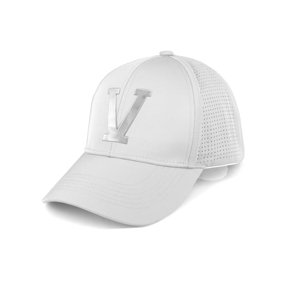 Daxton Performance Cool Tech Baseball Hat - White Cap, Silver Logo Letter V