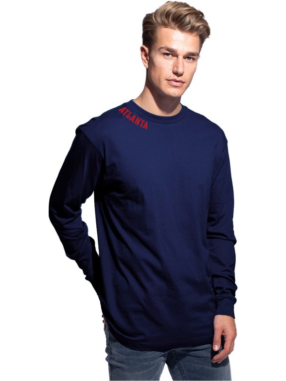 Premium Atlanta Men Long Sleeves T Shirt Ultra Soft Medium Weight Cotton, Navy Tee Red Letters Small