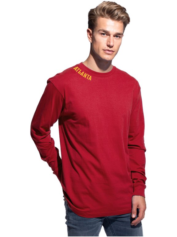 Premium Atlanta Men Long Sleeves T Shirt Ultra Soft Medium Weight Cotton, Red Tee Gold Letters Medium