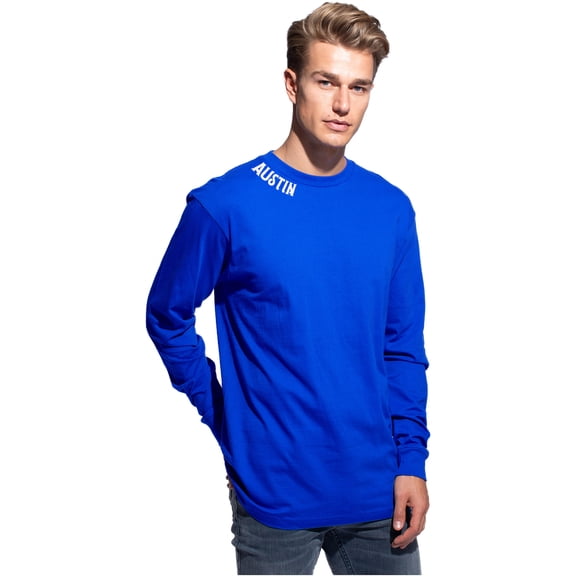 Daxton Premium Austin Men Long Sleeves T Shirt Ultra Soft Medium Weight Cotton, Royal Tee White Letters XS