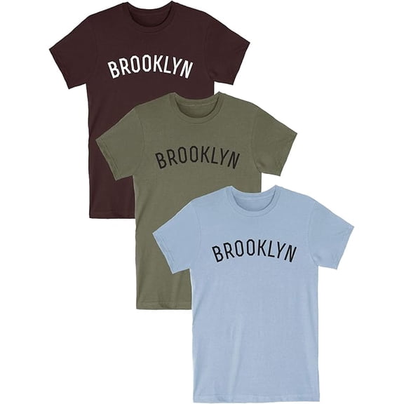 Daxton Premium Basic Crew Neck Short Sleeve Tshirt Cities Brooklyn Letter, 3Pk Brown White, Olive Black, Sky Black, XS