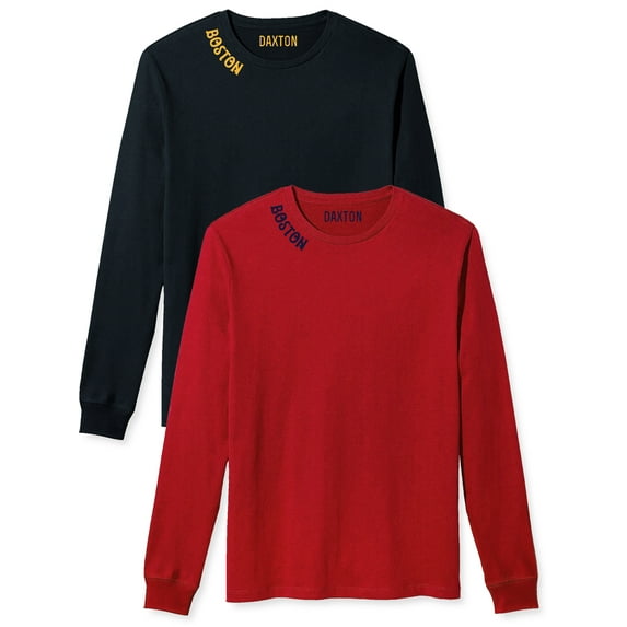 Daxton Premium Boston Men Long Sleeves T Shirt Ultra Soft Medium Weight Cotton, 2Pk Black Gold Red Navy Large