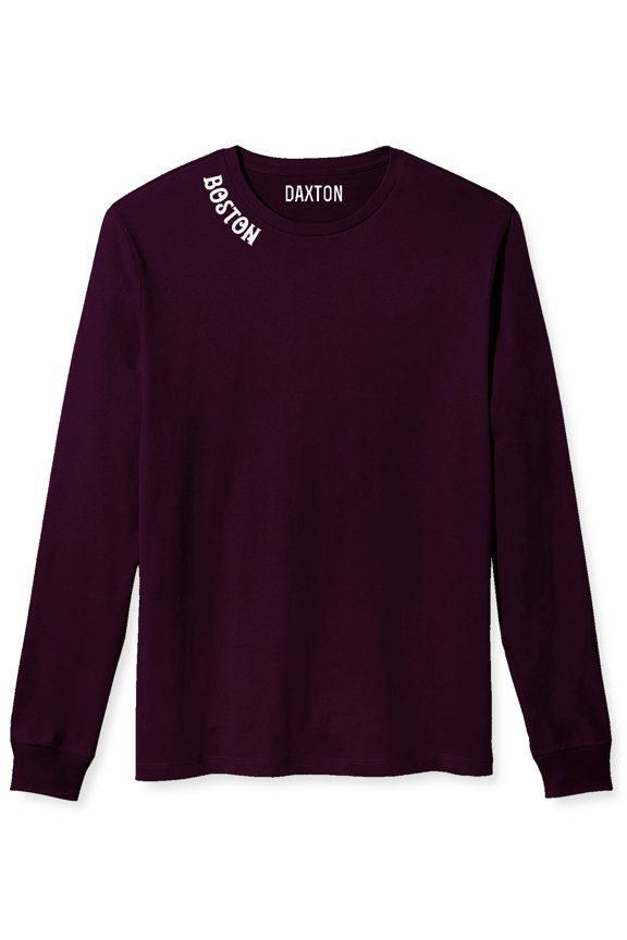 Premium Boston Men Long Sleeves T Shirt Ultra Soft Medium Weight Cotton, Wine Tee White Letters Large