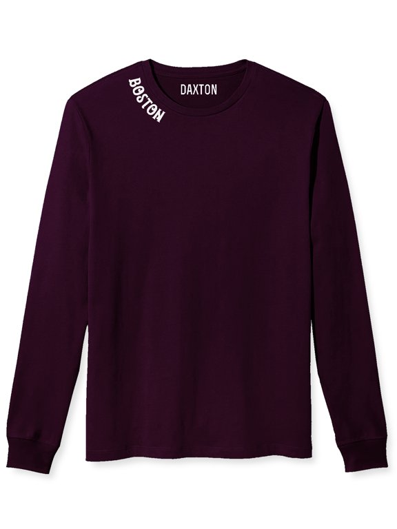 Premium Boston Men Long Sleeves T Shirt Ultra Soft Medium Weight Cotton, Wine Tee White Letters Large