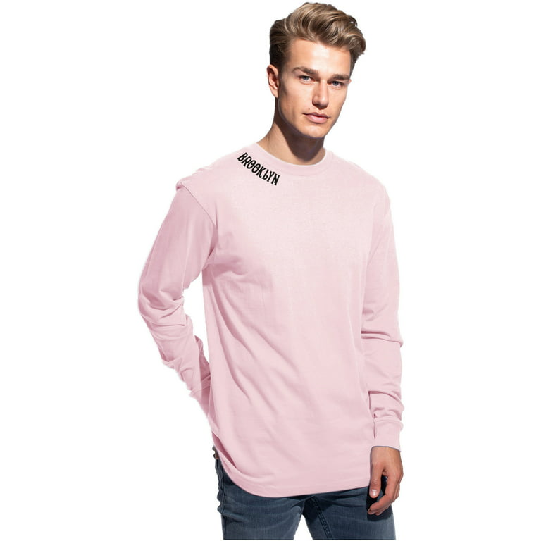 Daxton Premium Brooklyn Men Long Sleeves T Shirt Ultra Soft Medium Weight  Cotton, Light Pink Tee Black Letters XS
