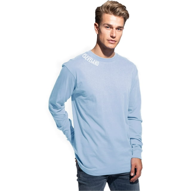 Daxton Premium Cleveland Men Long Sleeves T Shirt Ultra Soft Medium Weight Cotton, Light Blue Tee White Letters Medium