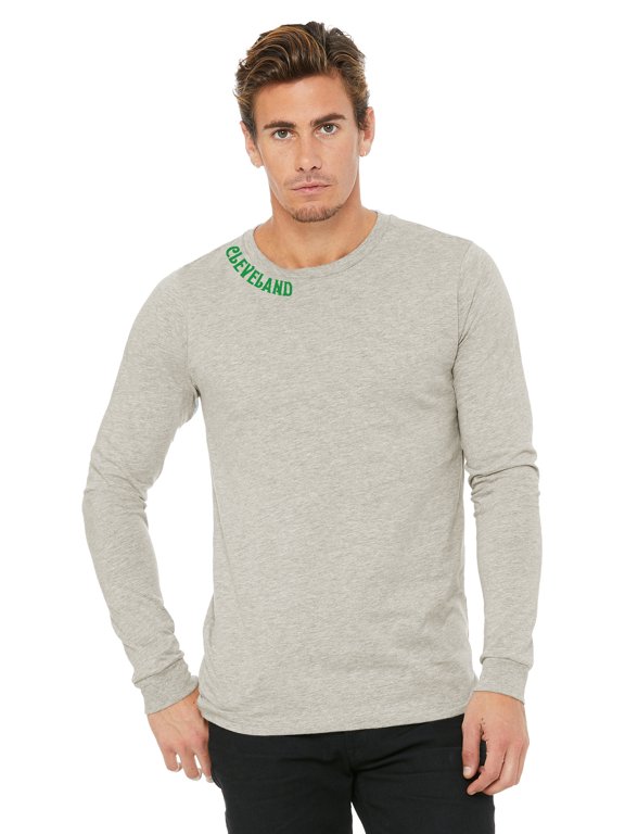 Premium Cleveland Men Long Sleeves T Shirt Ultra Soft Medium Weight Cotton, Oat Tee Green Letters Large