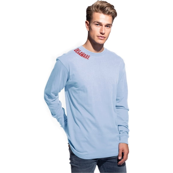 Daxton Premium Delaware Men Long Sleeves T Shirt Ultra Soft Medium Weight Cotton, Light Blue Tee Red Letters XS