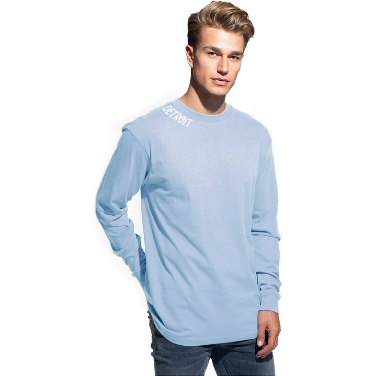Daxton Premium Detroit Men Long Sleeves T Shirt Ultra Soft Medium Weight  Cotton, Light Blue Tee White Letters 3XL 