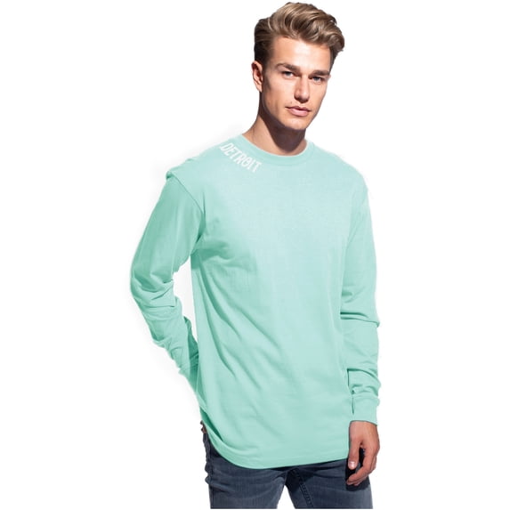 Daxton Premium Detroit Men Long Sleeves T Shirt Ultra Soft Medium Weight Cotton, Mint Tee White Letters Small