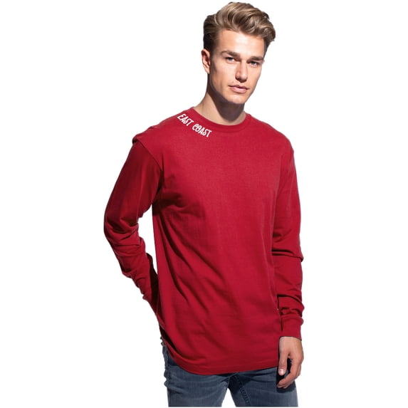 Daxton Premium EastCoast Men Long Sleeves T Shirt Ultra Soft Medium Weight Cotton, Red Tee White Letters 2XL