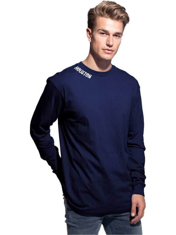 Premium Houston Men Long Sleeves T Shirt Ultra Soft Medium Weight Cotton, Navy Tee White Letters 2XL