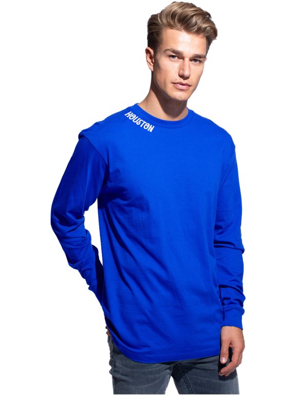 Premium Houston Men Long Sleeves T Shirt Ultra Soft Medium Weight Cotton, Royal Tee White Letters Medium
