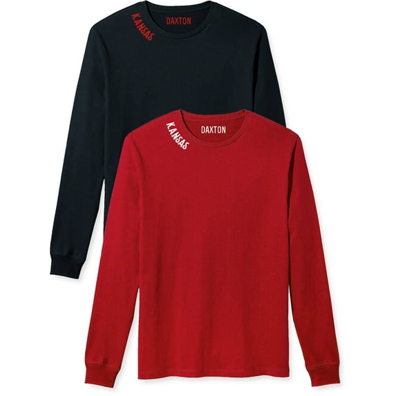 Daxton Premium Kansas Men Long Sleeves T Shirt Ultra Soft Medium Weight Cotton, 2Pk Black Red Red White 1XL