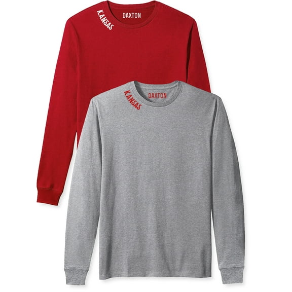 Daxton Premium Kansas Men Long Sleeves T Shirt Ultra Soft Medium Weight Cotton, 2Pk Red White Hgray Red Large