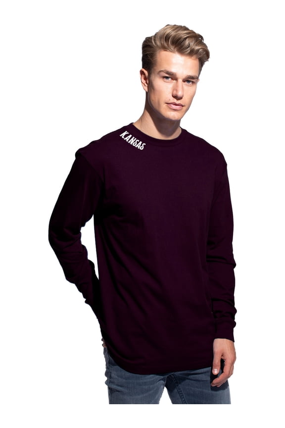 Premium Kansas Men Long Sleeves T Shirt Ultra Soft Medium Weight Cotton, Wine Tee White Letters Small