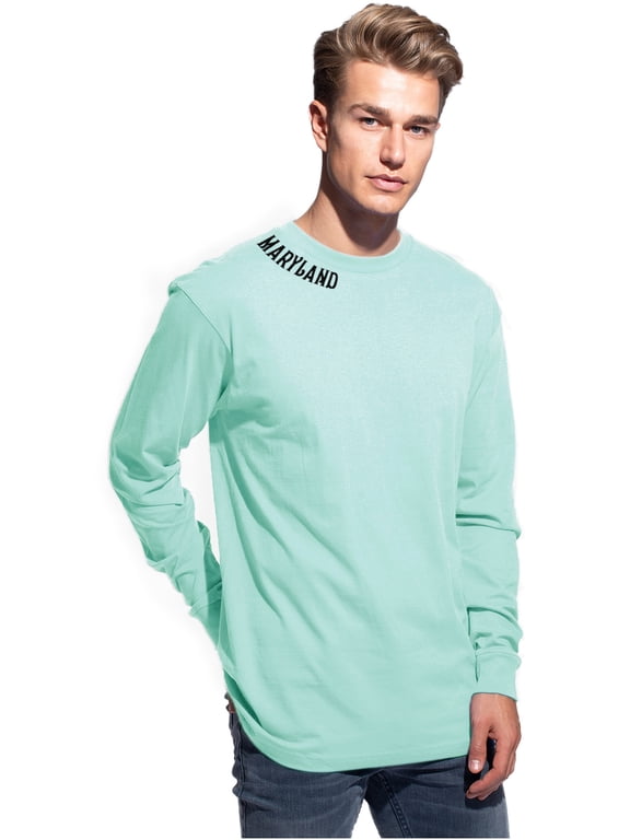 Premium Maryland Men Long Sleeves T Shirt Ultra Soft Medium Weight Cotton, Mint Tee Black Letters Medium