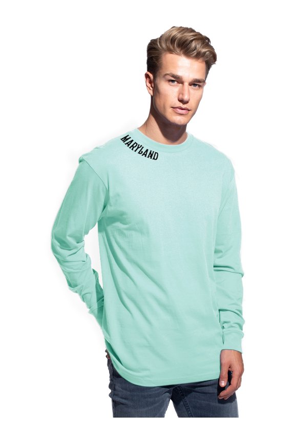 Premium Maryland Men Long Sleeves T Shirt Ultra Soft Medium Weight Cotton, Mint Tee Black Letters Medium